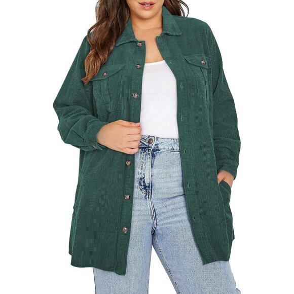 Womens Green Plus Size Plaid Shacket Long Sleeve Button Down Casual Jacket - Picture 1 of 5
